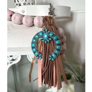 Leather tassel Purse Charm w/ Faux turquoise squash blossom